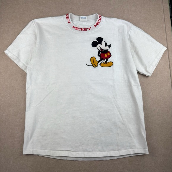 Vintage Disney Mickey Mouse‎ Shirt L Off White Red USA Made Single Stitch Rare - Picture 1 of 10
